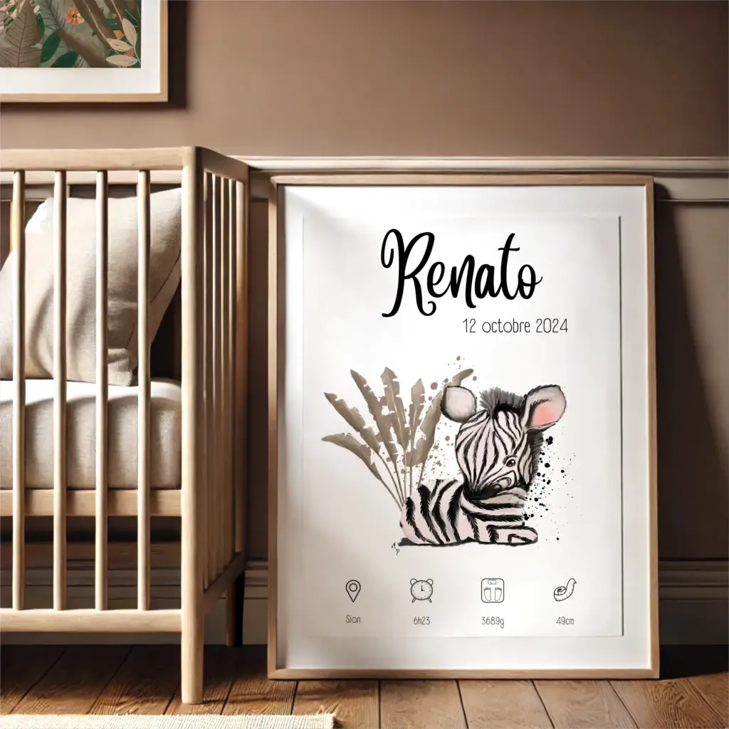 Affiche de naissance personnalisable "Savane", zèbre