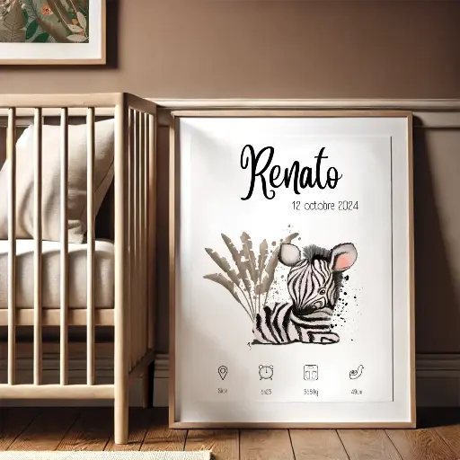 Affiche de naissance personnalisable "Savane", zèbre