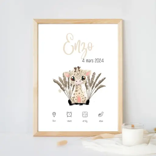 Affiche de naissance personnalisable "Savane", girafe
